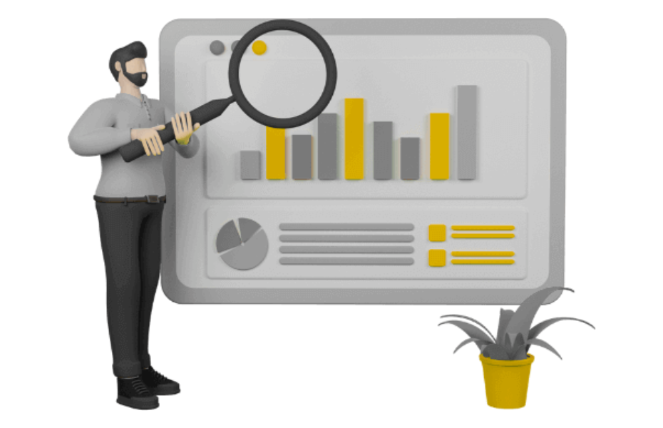 A marketer placing a magnifying lens over google analytics 4 data