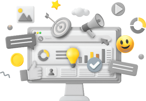 A computer monitor with a light bulb, thumbs up, megaphone, and other icons surrounding it. The icons represent creativity, analytics, communication, and other positive concepts needed for paid ads success.