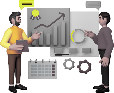 3d illustration: two marketers discuss their plan to increase sales of a brand. they stand facing each other and looking at growth curves, and a calendar. 