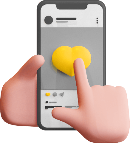 A hand holding a cell phone that shows a social media post with a yellow heart. The heart is in the middle of the post, and the hand is pointing to the heart and engaging with the post.